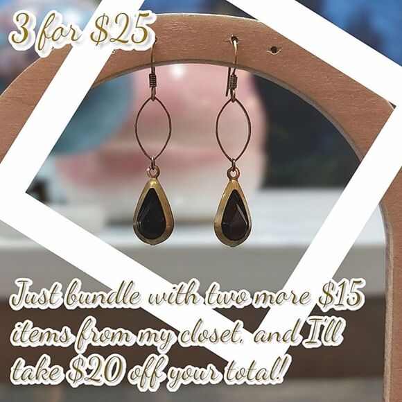 Vtg brass and black faceted acrylic tear drop dangle earrings - Picture 1 of 4